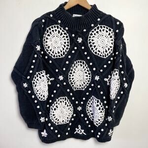 Vintage 80s 90s Granny Crochet Sweater Large Popcorn Knit Cottage Doily Romantic